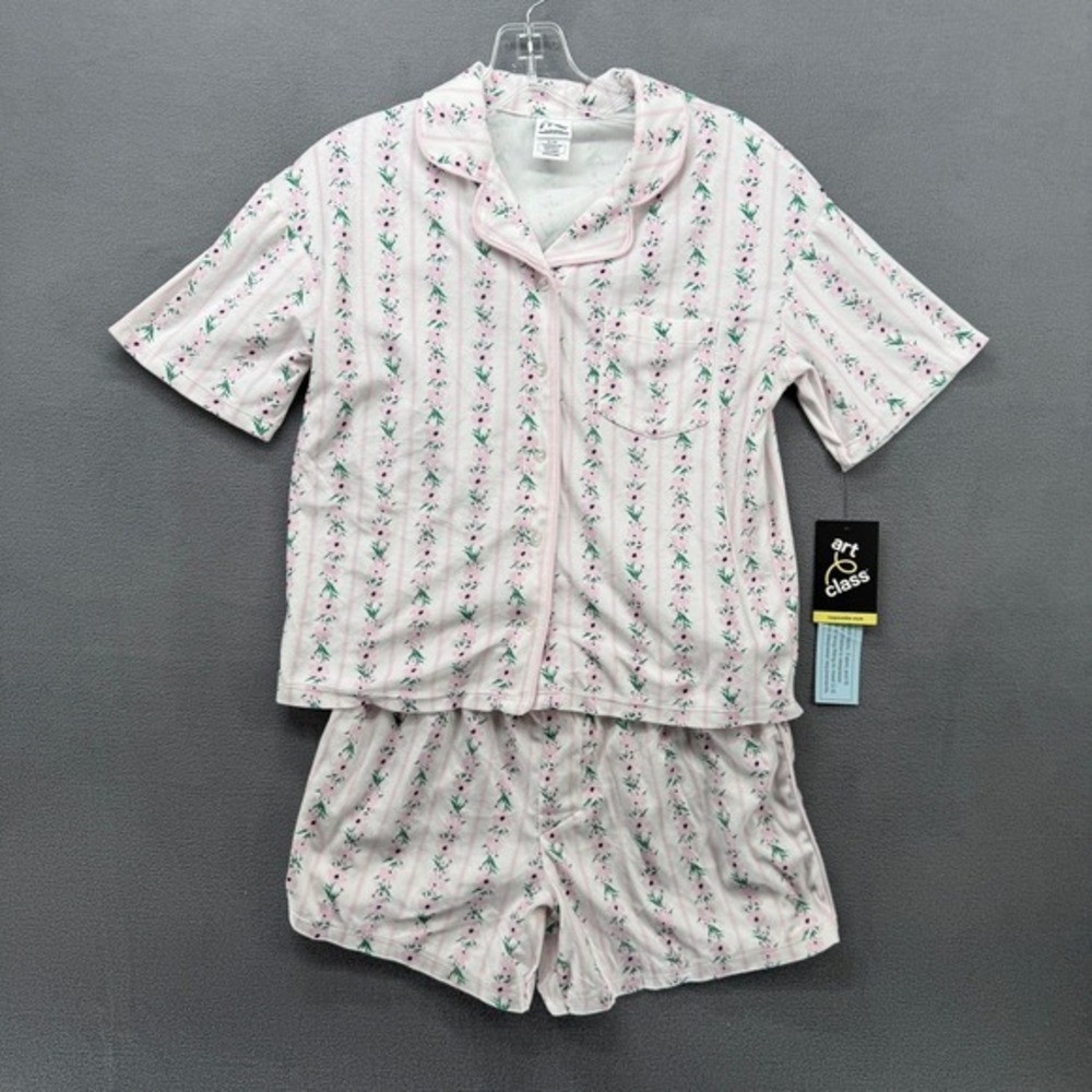 Art Class Girls XL 14 Pink Floral Stripe Pajama Set Button Top Shorts